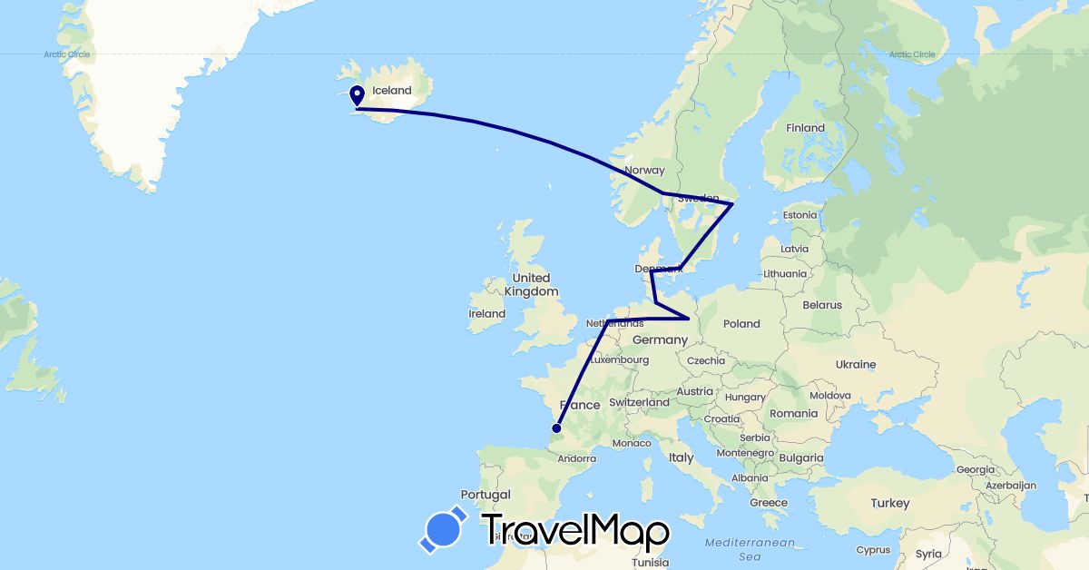 TravelMap itinerary: driving in Germany, Denmark, France, Iceland, Netherlands, Norway, Sweden (Europe)